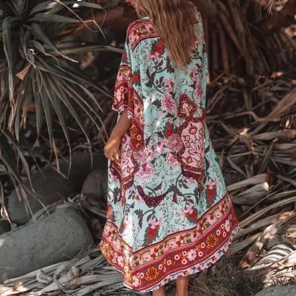 Colorful Red Mint Peacock Floral Bohemian Boho Duster Wrap Kimono Coverup Robe - Picture 4 of 11